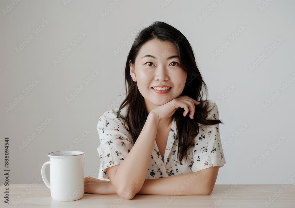 A photo of an Asian woman sitting at a table with her chin resting on one hand, smiling and looking into the camera, with a white background and white wall, with a coffee mug on top of the desk, in a A photo of an Asian woman sitting at a table with her chin resting on one hand, smiling and looking into the camera, with a white background and white wall, with a coffee mug on top of the desk, in a