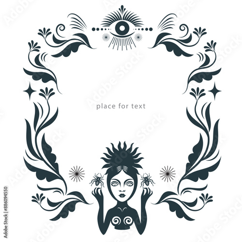 floral ornate frame with pretty witch and branches,  the elegance beautiful botanical border on the theme of nature and magic, place for text
