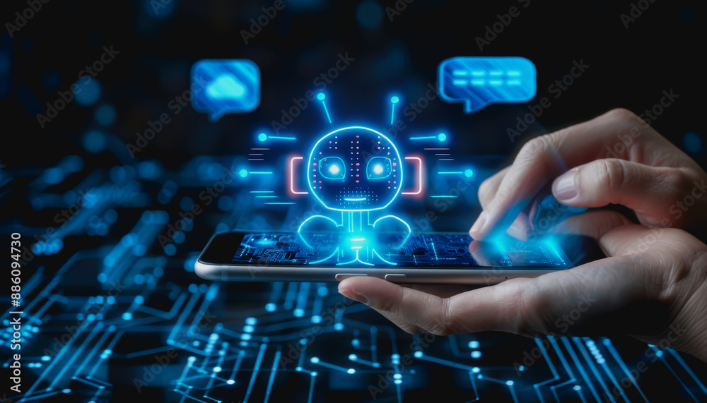 Hand holding smartphone showing glowing AI chatbot with digital circuit background Hand holding smartphone showing glowing AI chatbot with digital circuit background