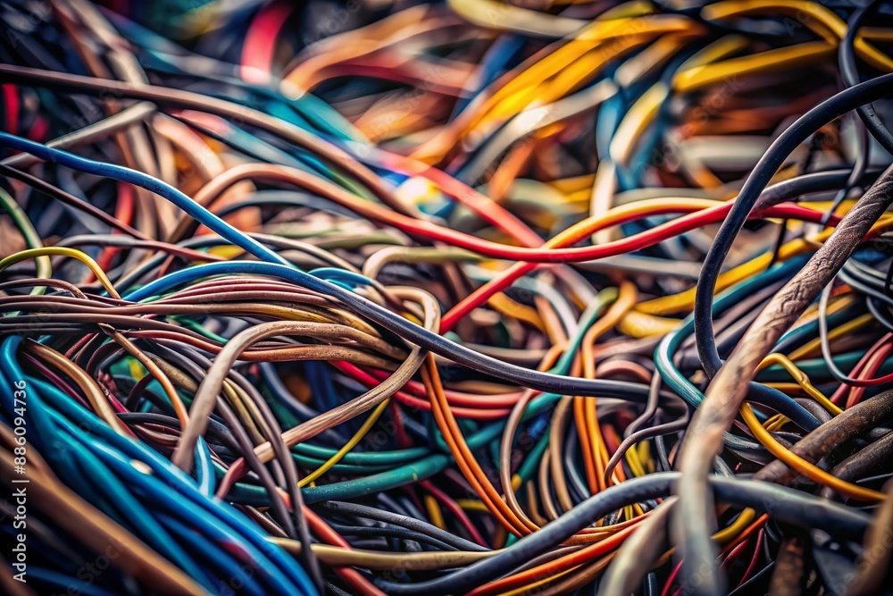 entangled messy electrical cord pile. Machine wire entangled messy electrical cord pile. Machine wire