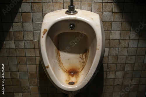 dirty urinal with brown stain in bathroom