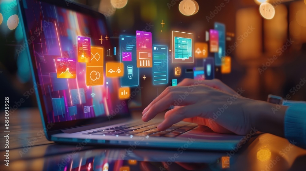 Fototapeta premium Person typing on laptop with floating digital icons representing online activities.