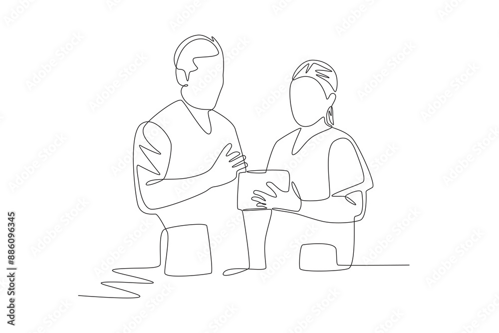 Two doctors viewing data via tablet. Medical technology concept one-line drawing Two doctors viewing data via tablet. Medical technology concept one-line drawing