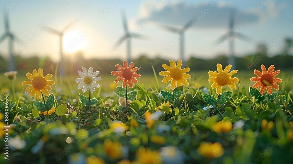 Obraz premium An eco-friendly scene with a hand drawing white doodles of renewable energy, a city, and the sun on a grass field, with wind turbines blurred in the background