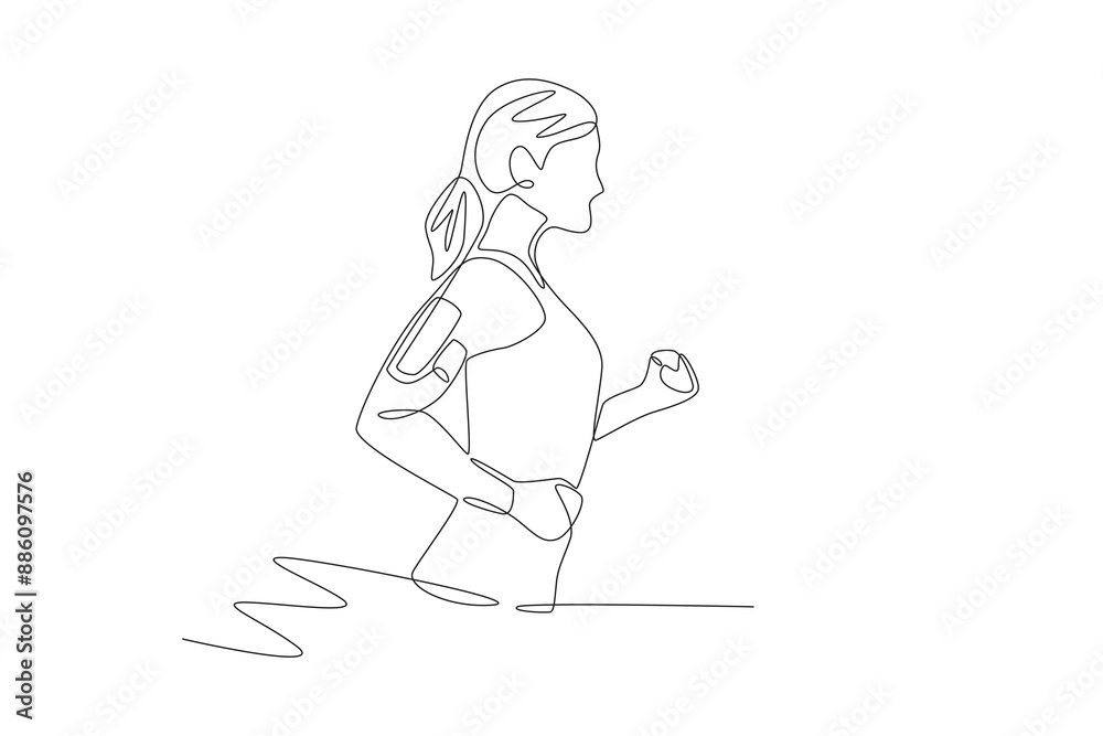 Woman jogging carrying a smartphone that detects heart rate. Medical technology concept one-line drawing Woman jogging carrying a smartphone that detects heart rate. Medical technology concept one-line drawing
