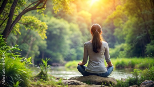young lady sitting meditating behind nature  emerging daylight calm natural light outdoor peaceful
