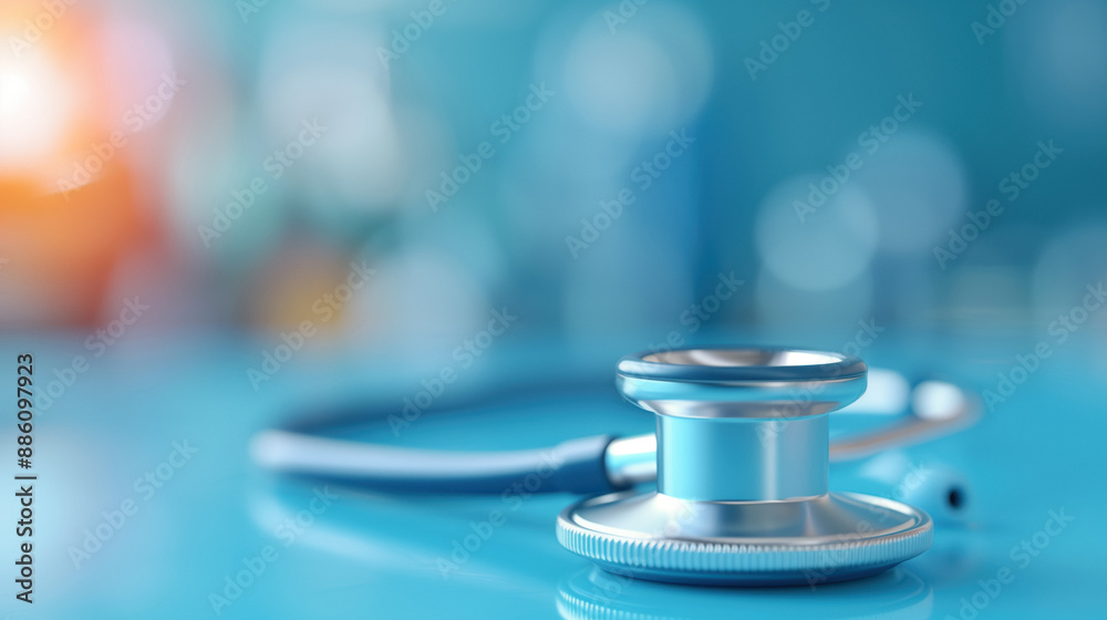 Close-up of a stethoscope on a reflective blue surface with a soft focus background, symbolizing healthcare, diagnostics, and medical tools. Ideal for health-related designs. Close-up of a stethoscope on a reflective blue surface with a soft focus background, symbolizing healthcare, diagnostics, and medical tools. Ideal for health-related designs.