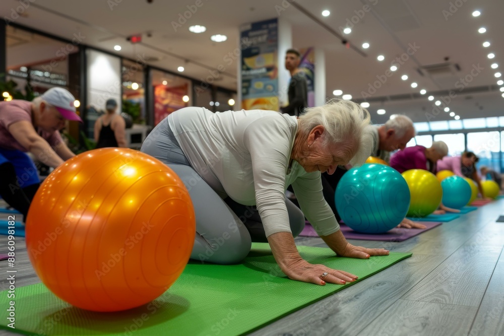 Fototapeta premium Elderly people doing yoga with exercise balls in a fitness studio. AI.