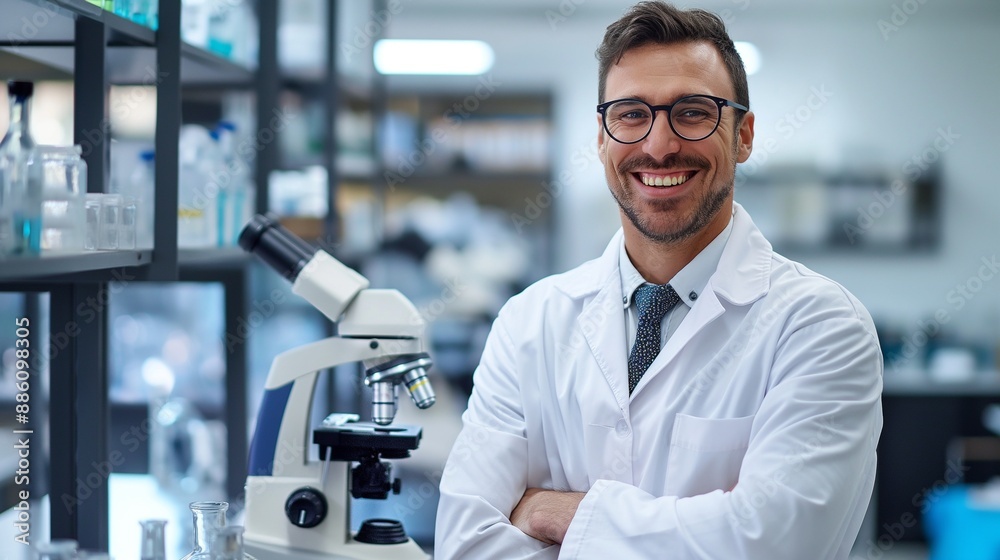 Male Biologist in Lab Coat Smiling Enthusiastically in Biology Laboratory with Microscopes, Capturing His Passion for Research and Scientific Discoveries in the Field of Biology Male Biologist in Lab Coat Smiling Enthusiastically in Biology Laboratory with Microscopes, Capturing His Passion for Research and Scientific Discoveries in the Field of Biology