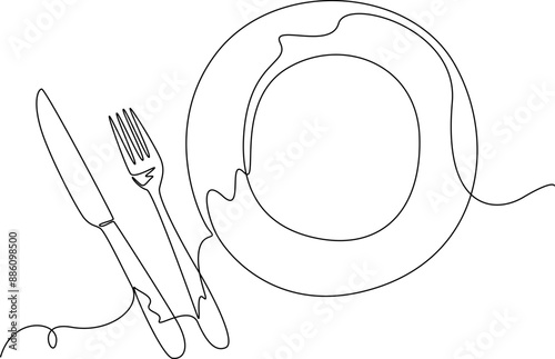 Restaurant and cooking utensils one line art illustration