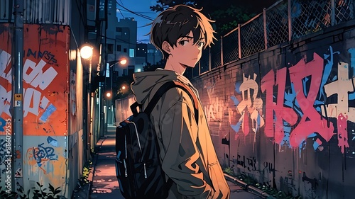 Portrait of a young lofi boy with a backpack on the street. photo