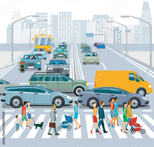 Stadt mit Autos und Fußgängern auf dem Zebrastreifen, Illustration-.eps