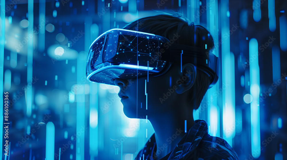 School Student Wearing VR Headset Using AI and Machine Learning Technology in an Interactive Classroom, Innovation in Education with Blue Hologram Display School Student Wearing VR Headset Using AI and Machine Learning Technology in an Interactive Classroom, Innovation in Education with Blue Hologram Display