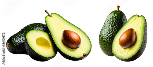 Half sliced avocado fruit with seed isolated on a transparent background, avocado fruit cutout