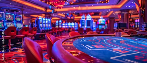 Blurred Casino Hall With Gaming Tables and Slot Machines