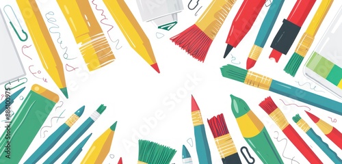 Purple pen, yellow pencil, red brush in a school vector.