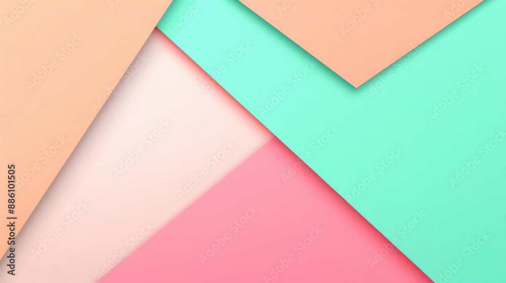 Vibrant paper texture with geometric shapes in peach, blue, and green colors. Abstract and modern paper cut style design.