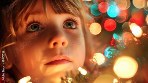 Caucasian child gazing at colorful holiday lights with wonder