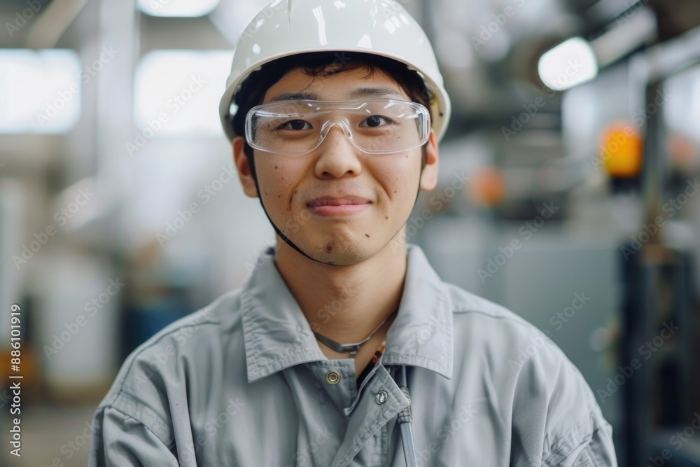 Young Male Factory Worker in Safety Gear Smiling - Industrial Workplace Portrait for Safety and Workforce Themes Young Male Factory Worker in Safety Gear Smiling - Industrial Workplace Portrait for Safety and Workforce Themes