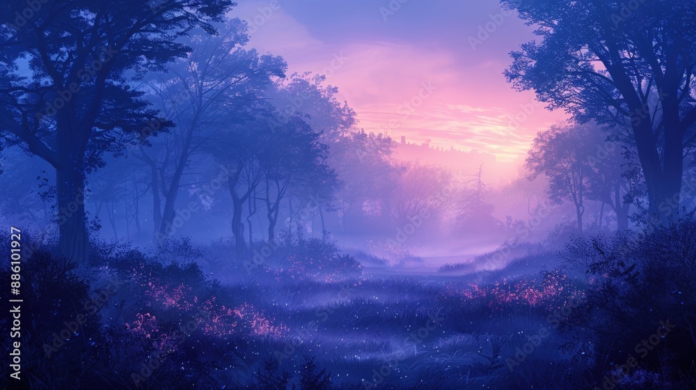 Enchanting Twilight Forest Landscape with Misty Atmosphere and Vibrant Colors at Sunset Enchanting Twilight Forest Landscape with Misty Atmosphere and Vibrant Colors at Sunset