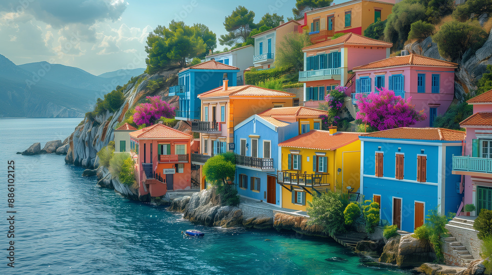 Obraz premium A picturesque Greek village with colorful buildings and rainbow houses gleaming in the Mediterranean summer sun, exuding a lively holiday vibe with vibrant colors and realistic shadows.