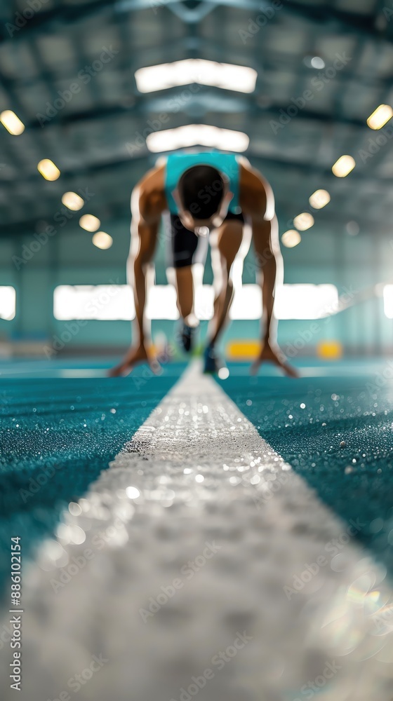 Obraz premium Athlete getting ready for a sprint in an indoor track, focusing on start position and determination. Blurred background for emphasis.