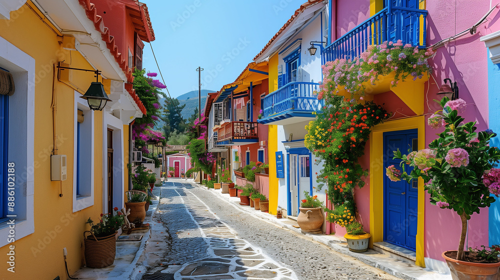 Fototapeta premium Greek village adorned with colorful buildings and rainbow houses bathed in the Mediterranean summer sun, depicting a lively holiday ambiance with rich colors and lifelike shadows.