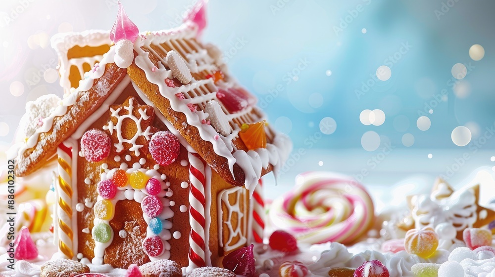 Decorated gingerbread house with candies, icing, and sweets on festive background
