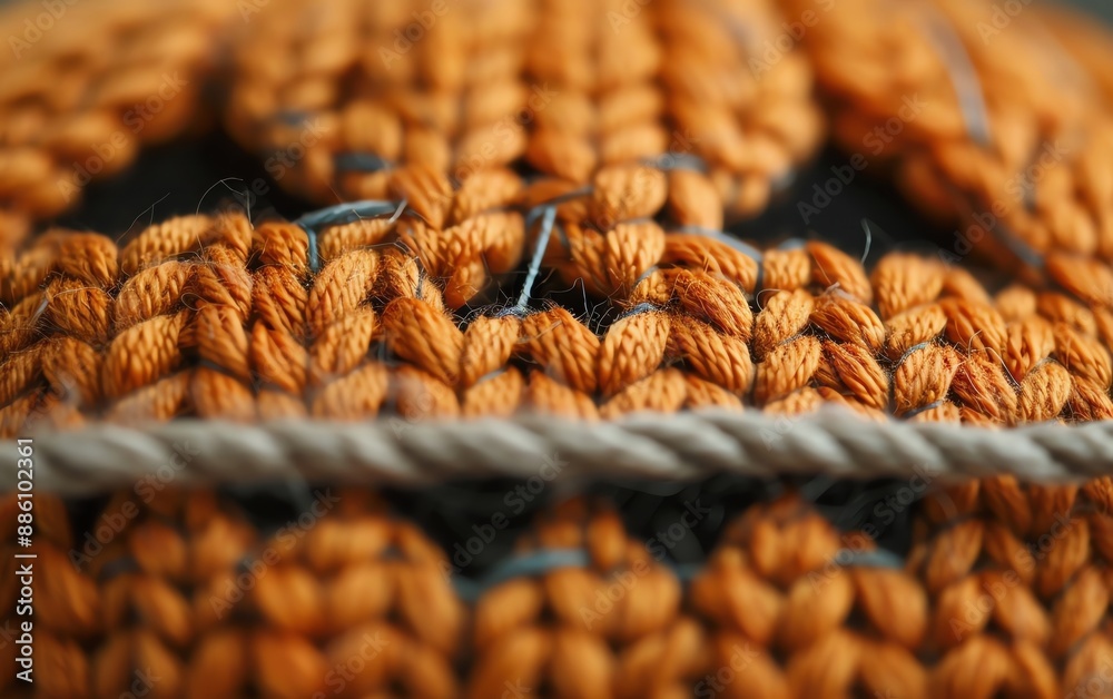 Close-up of orange crochet yarn stitches, showcasing detailed texture and craftsmanship of the woven fabric. Ideal for art and craft projects. Close-up of orange crochet yarn stitches, showcasing detailed texture and craftsmanship of the woven fabric. Ideal for art and craft projects.