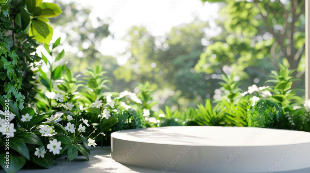 Circular product display platform in a lush green plant landscape, emphasizing natural elegance and product presentation	
