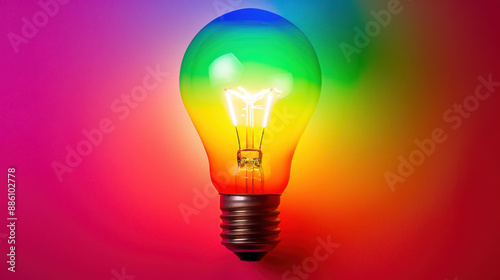 Bright light bulb shines against dark backdrop. Colorful lamp in striking closeup view.