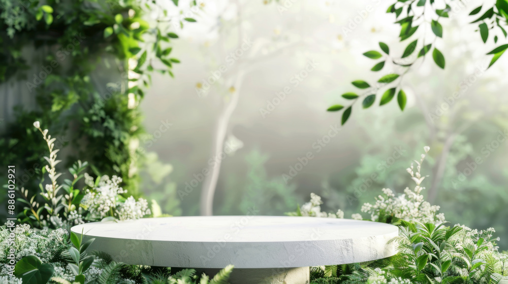Circular product display platform in a lush green plant landscape, emphasizing natural elegance and product presentation
Circular product display platform in a lush green plant landscape, emphasizing natural elegance and product presentation