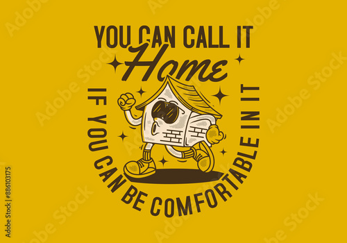 Walking house mascot character in vintage retro style