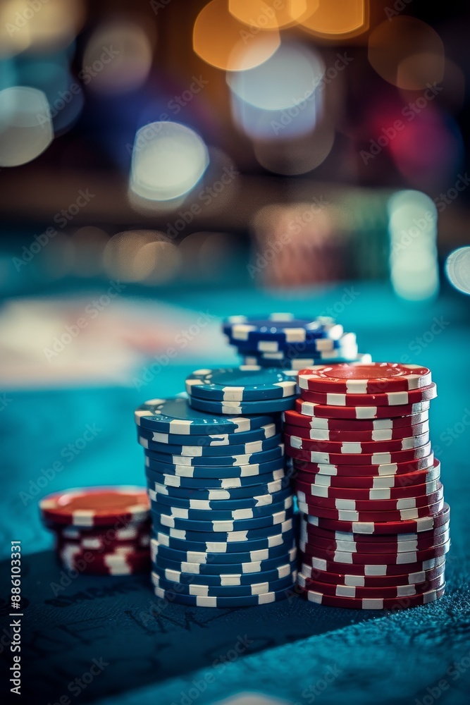 Blue And Red Poker Chips On Table Blue And Red Poker Chips On Table