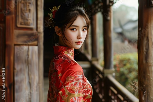 Beautiful chinese woman wearing a traditional red dress is posing in an ancient town photo