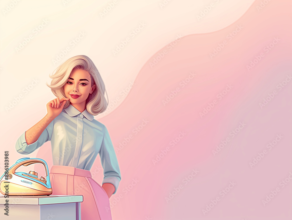 Beautiful blonde retro girl in a question gesture. Gradient pink background with copy space. Digital cartoon. Flyer for cleaning services business company idea. Minimal concept. Beautiful blonde retro girl in a question gesture. Gradient pink background with copy space. Digital cartoon. Flyer for cleaning services business company idea. Minimal concept.