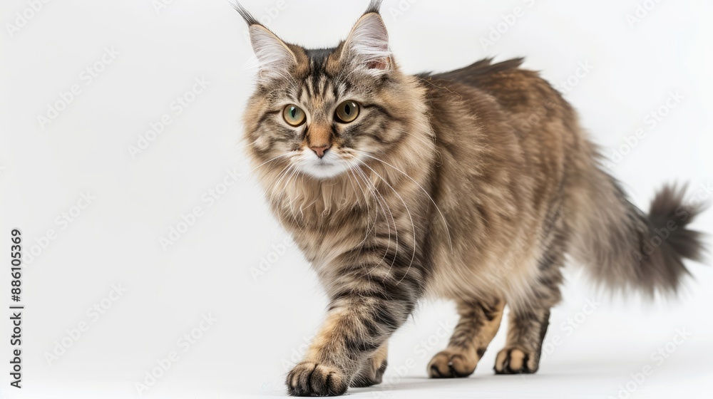 Fluffy cat with bright green eyes walking towards the camera Fluffy cat with bright green eyes walking towards the camera