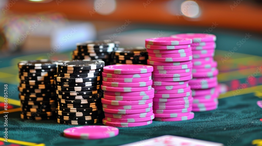 Stacks of Black and Pink Casino Chips on a Green Table Stacks of Black and Pink Casino Chips on a Green Table