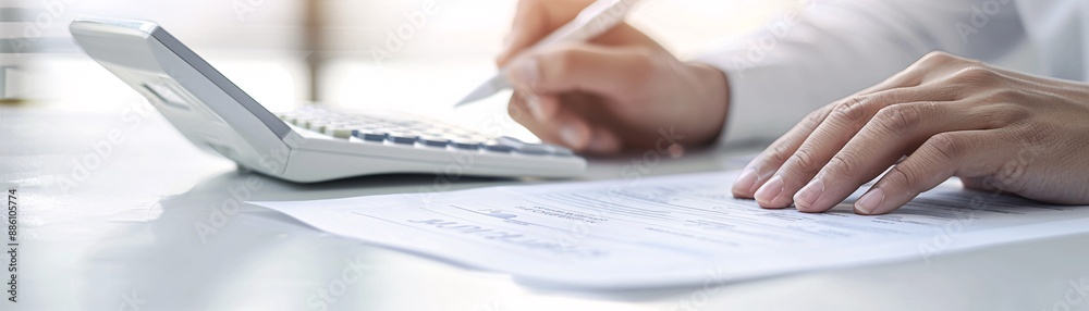 Detailed image of a tax consultation session, focusing on hands, documents, and calculator, with room for copy space. Detailed image of a tax consultation session, focusing on hands, documents, and calculator, with room for copy space.