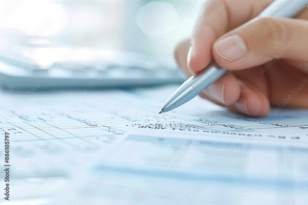 A close-up shot of a tax advisor's hand pointing to important details on a financial return form, with ample copy space around. A close-up shot of a tax advisor's hand pointing to important details on a financial return form, with ample copy space around.