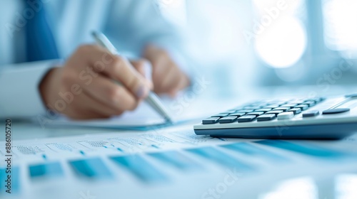 A financial consultant explaining tax returns with a pen and calculator, close-up with ample space for text.