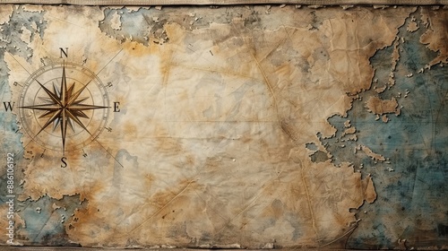 Vintage Nautical Map with Compass Rose, Weathered Parchment Texture, Antique Maritime Navigation Chart, Historical Exploration, Old World Cartography, Rustic Oceanic Map, Aged Paper Background