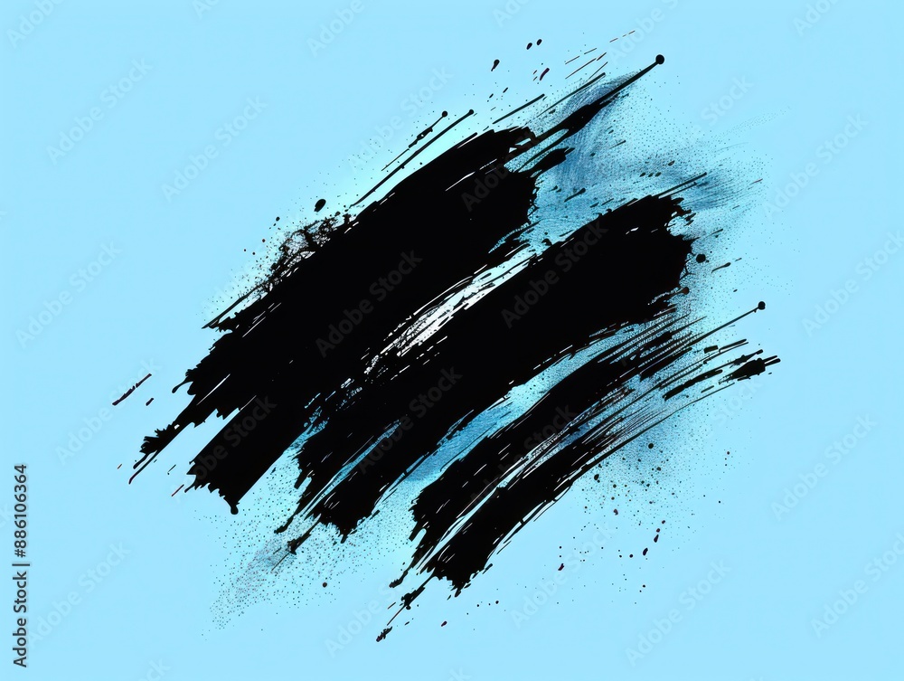 Modern banner design with black ink brush stroke and grunge splatter on blue.