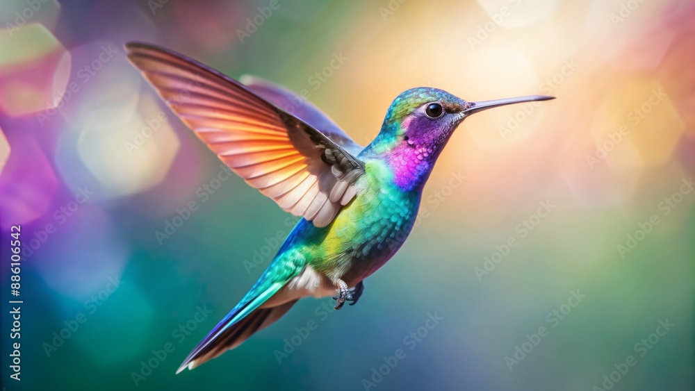 Naklejka premium Vibrant, iridescent hummingbird in mid-air, its wings beating rapidly, against a crisp, transparent background, evoking freedom and mesmerizing beauty.