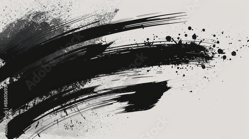 High-end banner design with abstract black ink brush strokes on a pastel grey background.