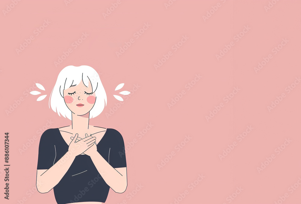 An illustration of a woman with white hair holding her hands on her chest An illustration of a woman with white hair holding her hands on her chest