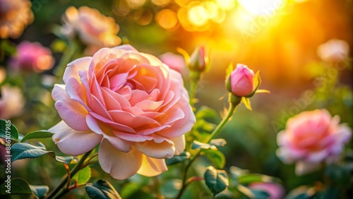 Softly lit, delicate pink rose petals unfurl in a serene garden setting, basking in the warm, golden light of sunset.