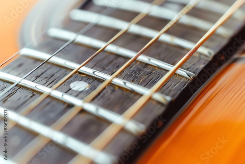 Close-up of the fretboard of an acoustic guitar.