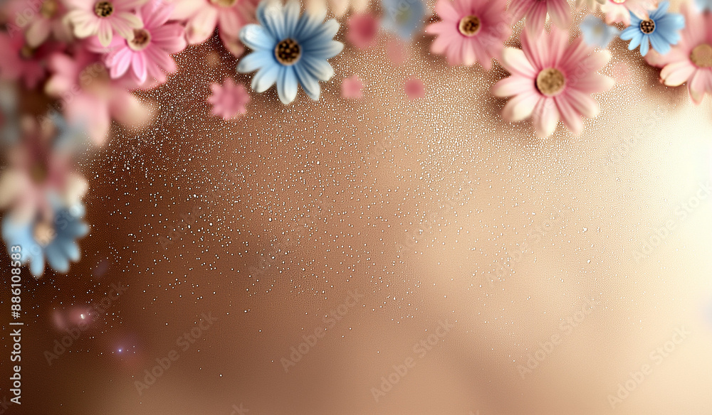 Obraz premium Background with pastel pink and blue flowers on a golden sparkly backdrop. In style of congratulations card. Minimal concept with copy space. Generative AI
