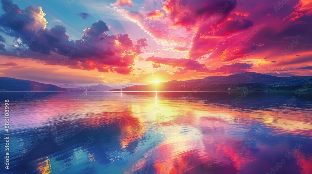 An image of a vibrant sunset over a serene lake, with colorful reflections shimmering on the water. An image of a vibrant sunset over a serene lake, with colorful reflections shimmering on the water.